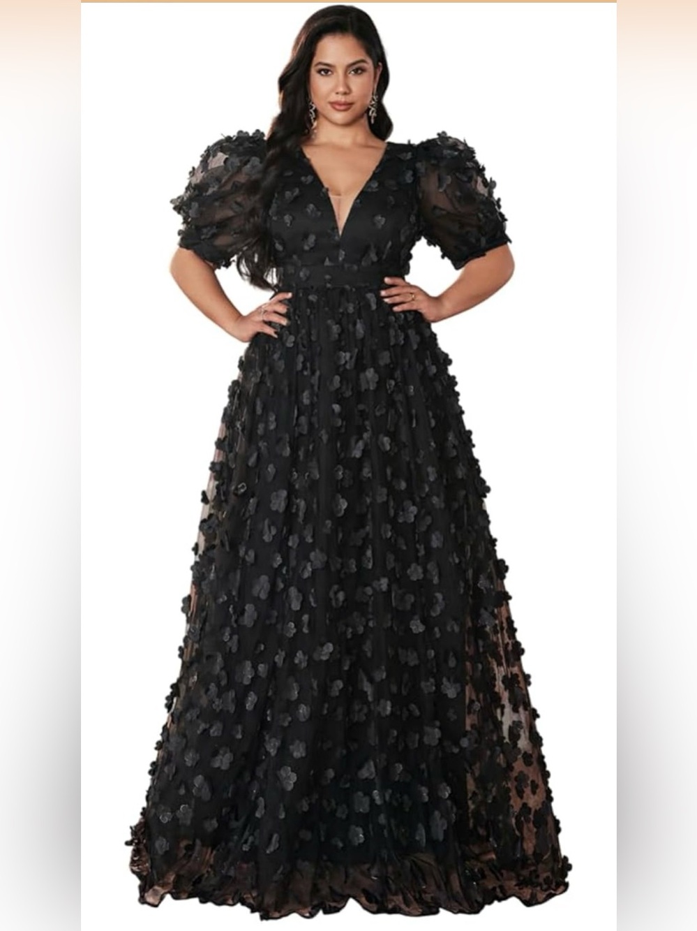 NWT adorable Black Floral Appliqué Puff-Sleeve formal dress XL